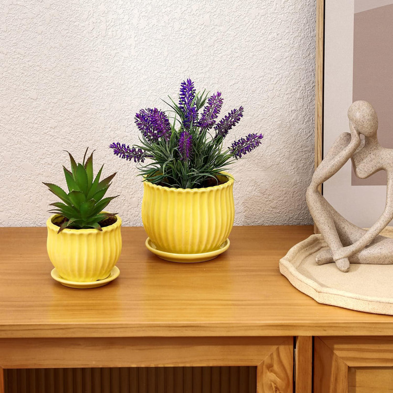 Yellow Ceramic Flower Pots With Saucers