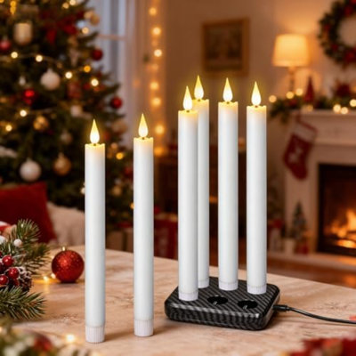Rechargeable Flameless Taper Candles With Charging Base, 6 Pack White LED Taper Candles Battery Operated With 2 Remote Timer, Real Wax Flameless Candlesticks For Holiday Christmas Home Décor