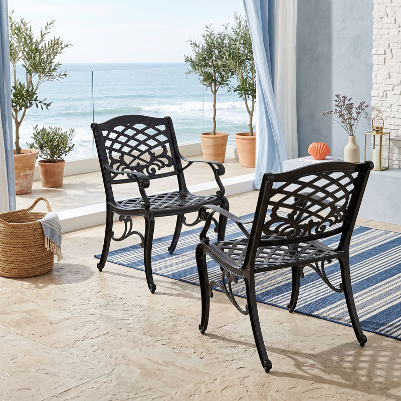 Ensemble de 2 chaises de salle à manger d'extérieur traditionnelles en fonte d'aluminium, chaises de patio en treillis à volutes avec détails floraux