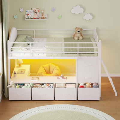 Low Kids Loft Bed With Storage Drawers, Upholstered Headboard & App Controlled Rgb Led Lights, Metal Playhouse Loft Bed With Side Ladder For Children Bedroom,Black