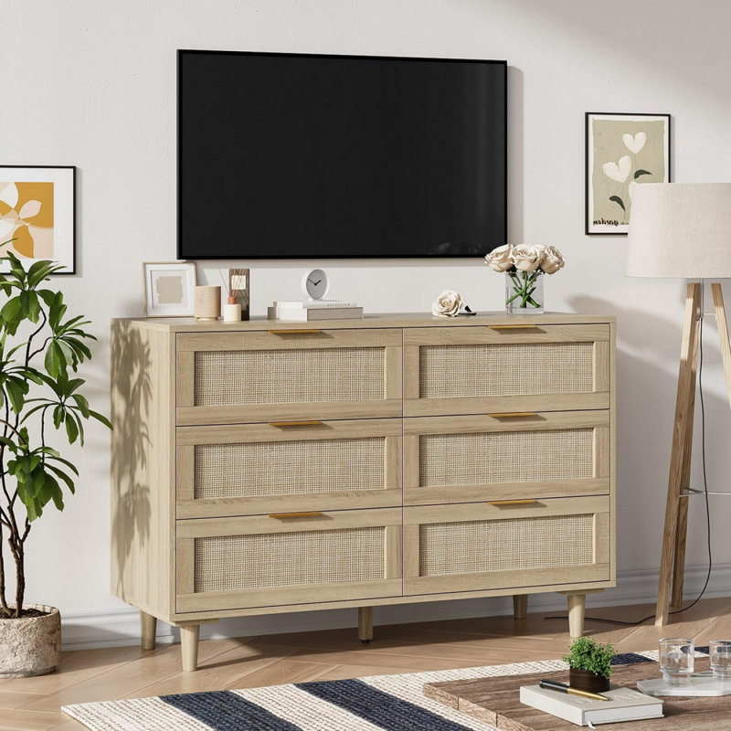 Commode en bois et commode à 6 tiroirs en rotin avec poignées en métal 43 po