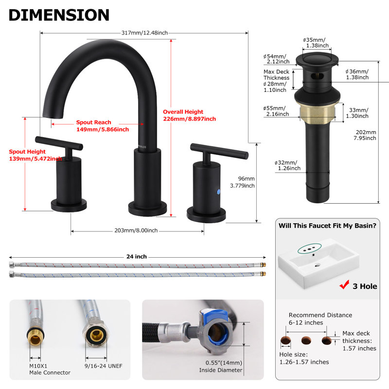 Widespread 2 Handles Bathroom Faucet with Water Supply Lines, Matte Black, With Pop Up Drain