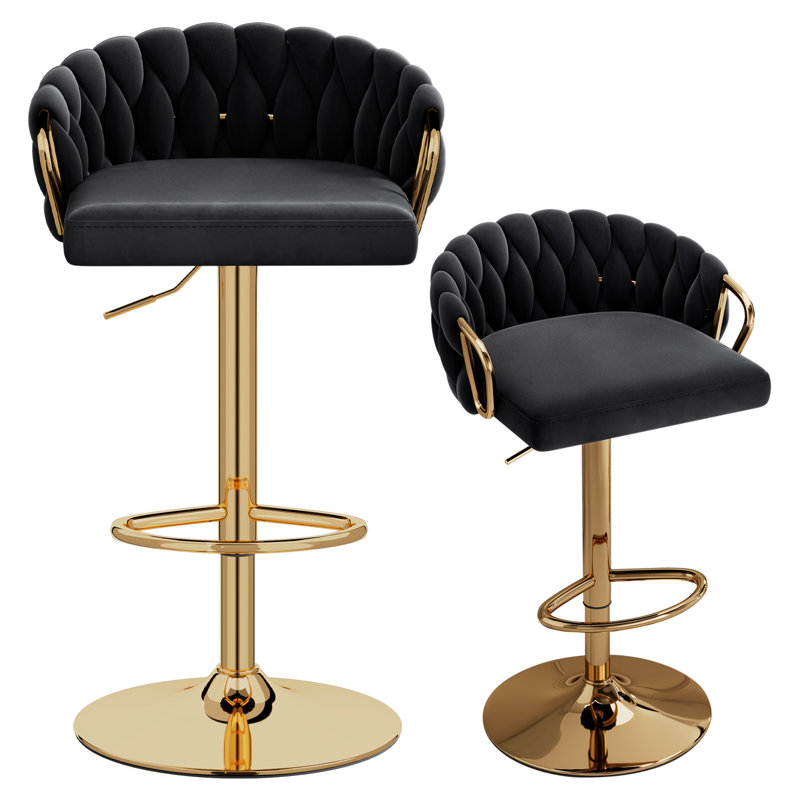 Velvet Swivel Bar Stools Set of 2, Modern  Upholstered Adjustable Height Counter Stools with Woven Backrest & Gold Base for Kitchen Counter Bar, balck