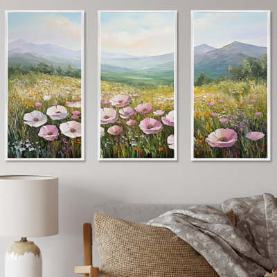 Pink Ranunculus Field In Mountain - Ranunculus Canvas Art Set