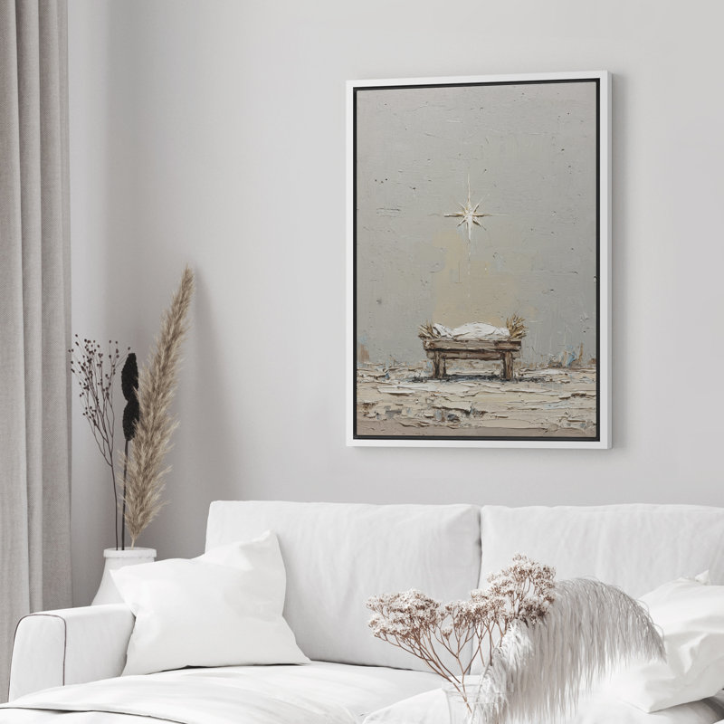 «Minimal Manger and Bethlehem Star Neutral Christian Christmas», reproduction d'art encadrée, H 24 po x l 16 po, Blanc