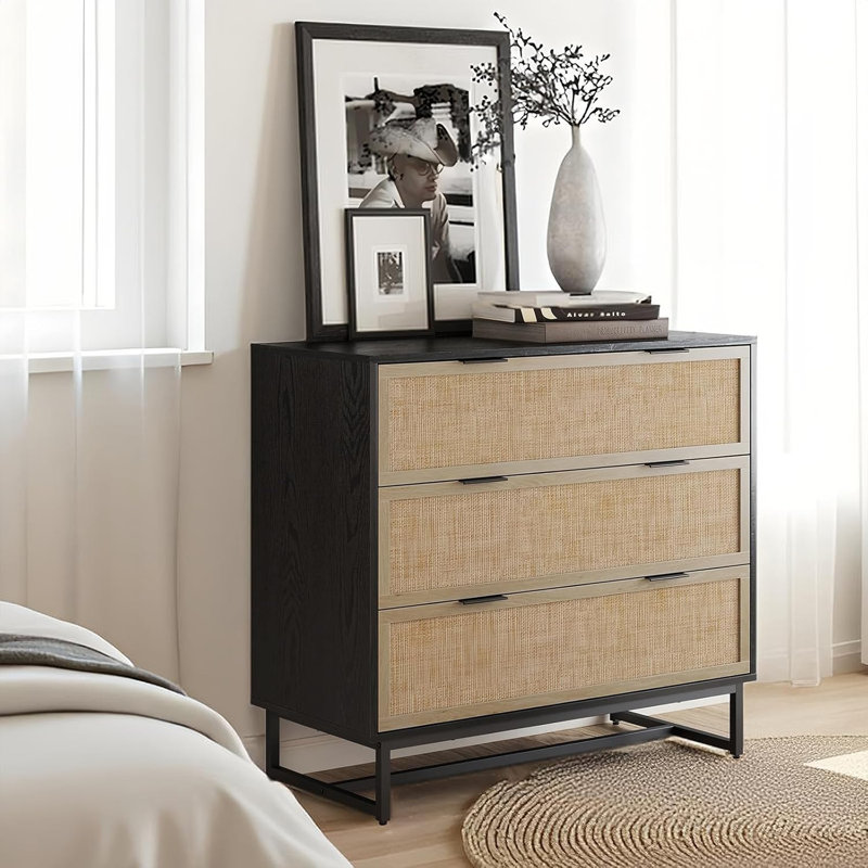 Rattan Dresser For Bedroom, 37.2" Wide 3 Drawer Dresser With Metal Handles, Wood Storage Dressers & Chests Of Drawers For Hallway, Black