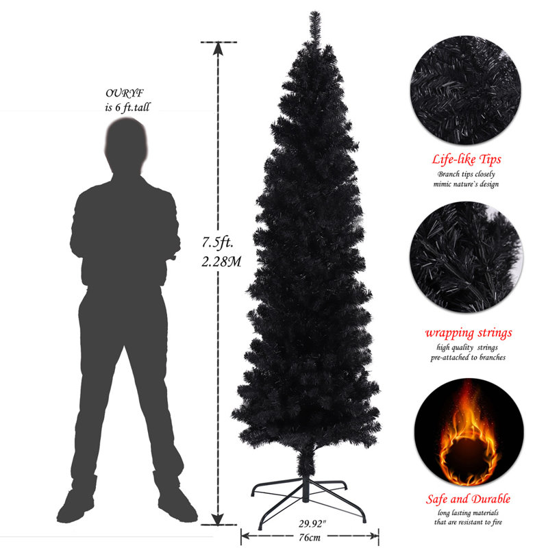 7.5' Black Fir Slim Tall Christmas Tree with Warm White Lights