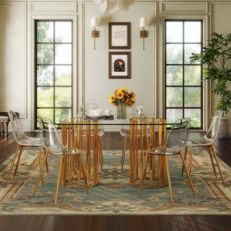 71" Oval Tempered Glass Dining Set, Gold Double Column Luxury Design With 6 Transparent Plastic Gold Leg Chairs