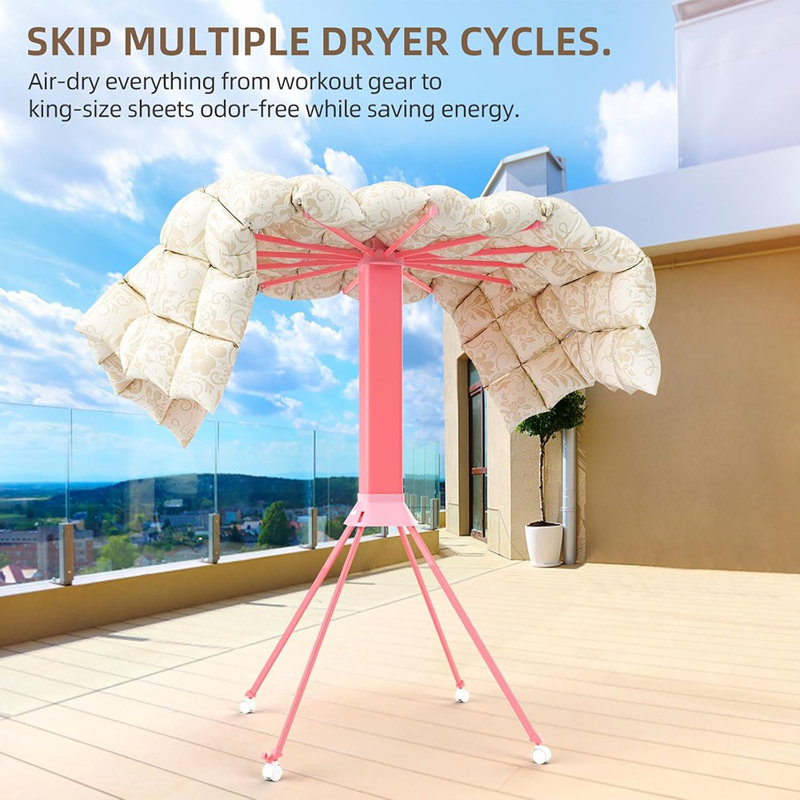 Séchoir à linge pliable et pliable, conception de pieuvre à 4 pieds, séchoir à linge intérieur / extérieur de grande capacité, rose