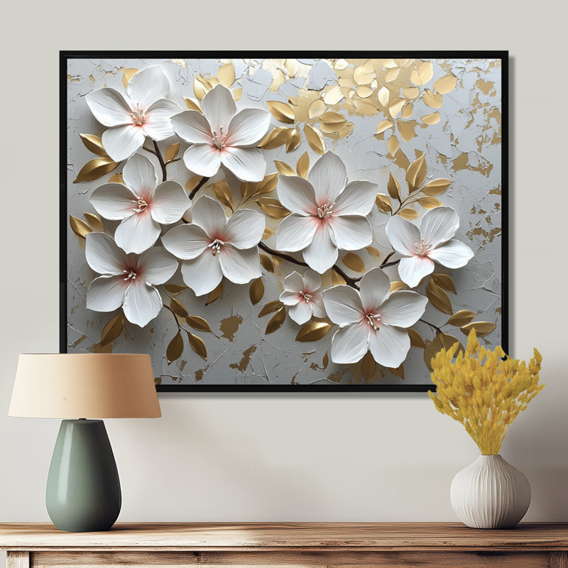 Moniesha crème et rhododendron doré radiant II - art mural grand rhododendron, H 34 po x l 44 po, Noir, noir, noir, noir
