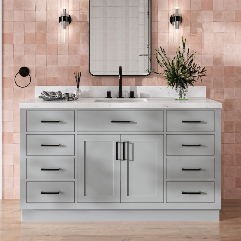 Thornaby Solid Wood Single Bathroom Vanity with 1.5'' Carrara Quartz Top, Gray, Rectangular