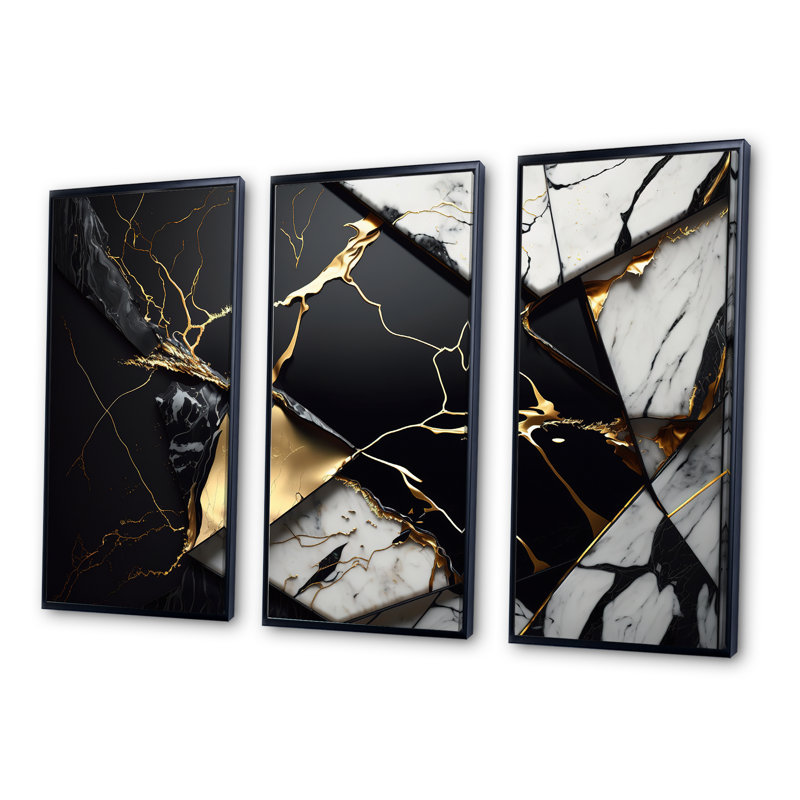 «Abstract Geode Gold IV», reproduction sur toile flottante 3 pièces, Noir, H 28 po x l 36 po x P 1 po