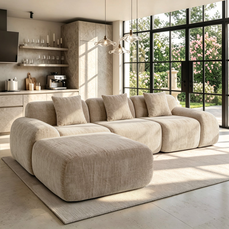 Canapé d'angle en L moderne en chenille kaki de 274 cm de large avec méridienne, Beige