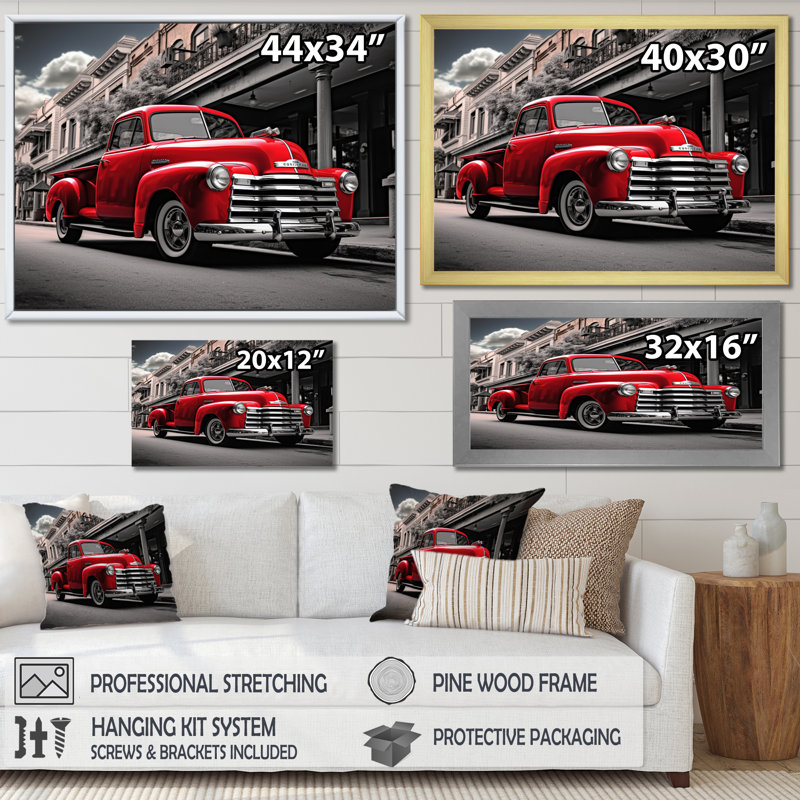 Red Pickup Truck Road Legends II - Transportation Wall Decor, Cadre doré à une seule photo, H 30 po x l 40 po x P 1,5 po
