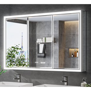 Beveled LED Medicine Cabinet With Anti-Fog Mirror – Surface/Recessed Mount, Dimmable Lights, Outlet, Clock & Sensor Light