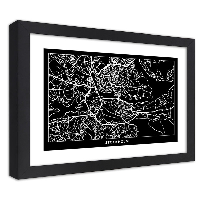 Stockholm City Map - Single Picture Frame Print, 70cm H x 100cm W, Black