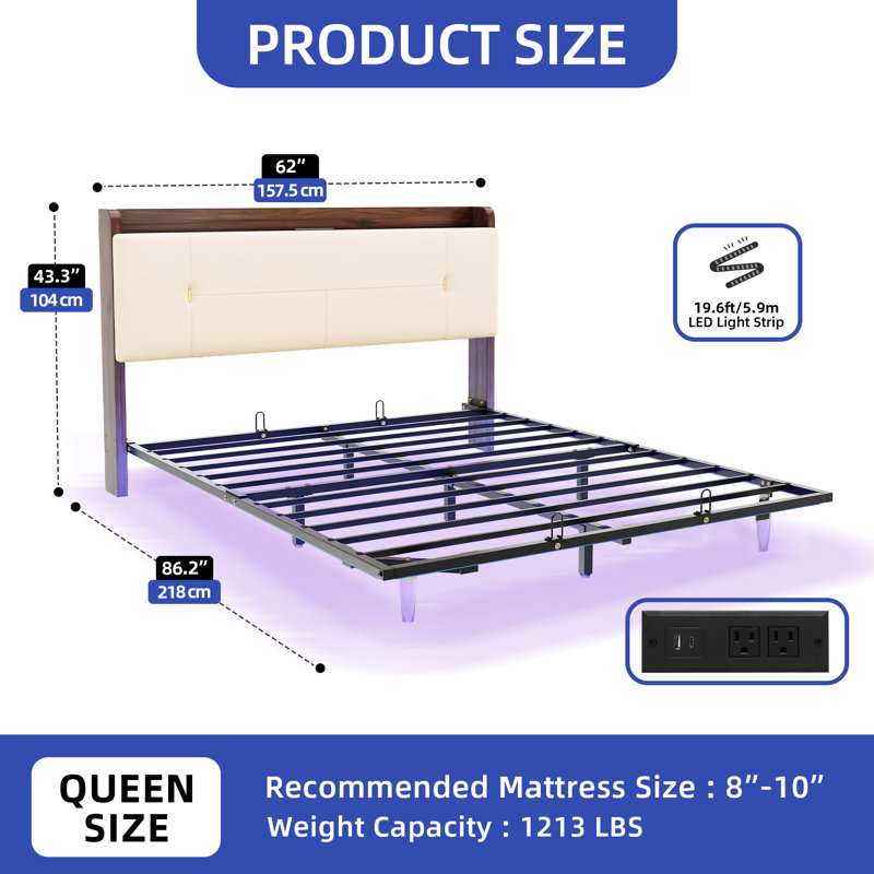 Faux Leather Floating Storage Bed, Queen, Beige