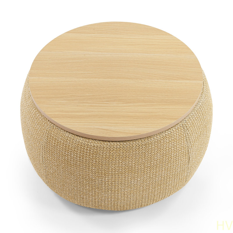 Round Storage Ottoman, 2 In 1 Function, Work As End Table And Ottoman (25.5"X25.5"X14.5"), Ivory Chenille