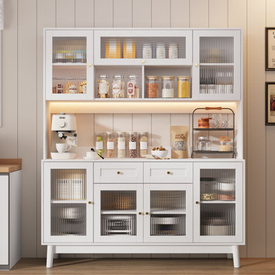71" Kitchen Pantry Cabinet With Hutch, Freestanding Buffet With Fluted Glass Doors, LED Light by Ophelia & Co.