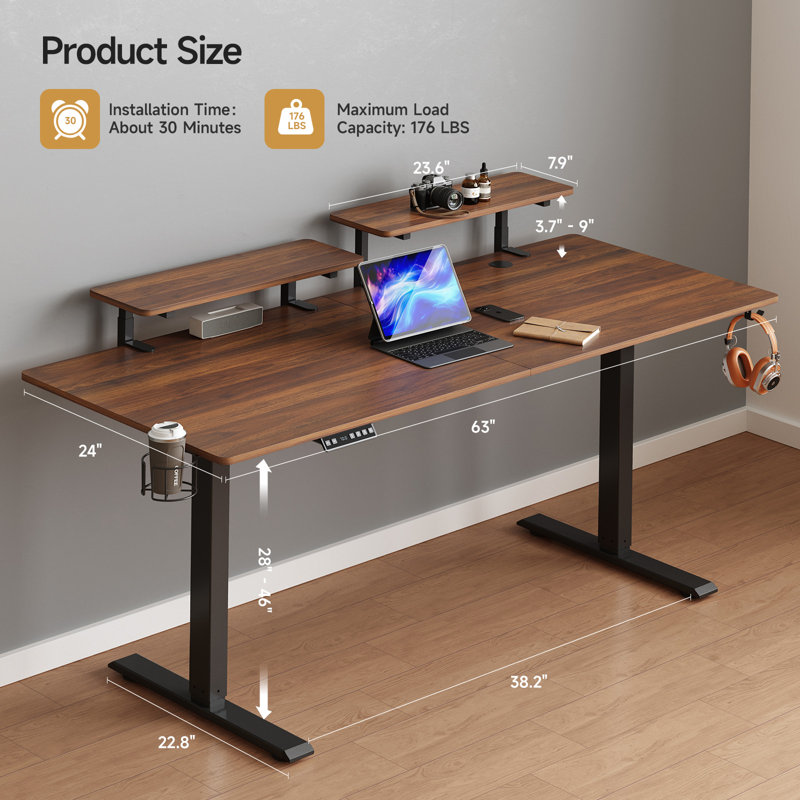 Height Adjustable Standing Desk With Monitor Stand and 2 Adjustable Monitor Shelves, 46" H x 63" W x 24" D, Walnut/Black