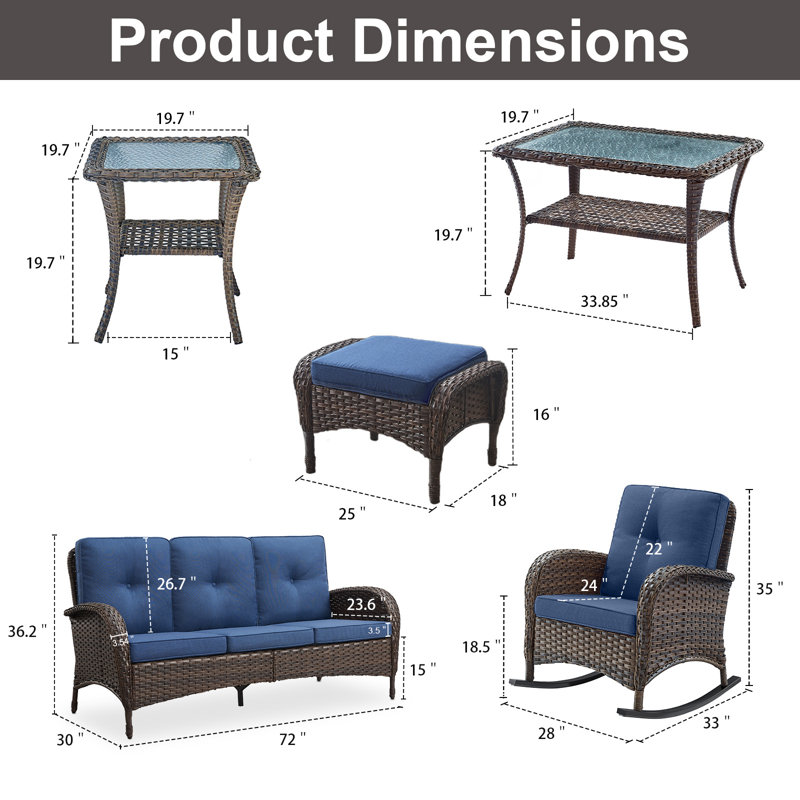 Gaetanino 7-Piece Patio Conversation Set with Rocking Chairs & Ottomans, Blue, Dark Brown