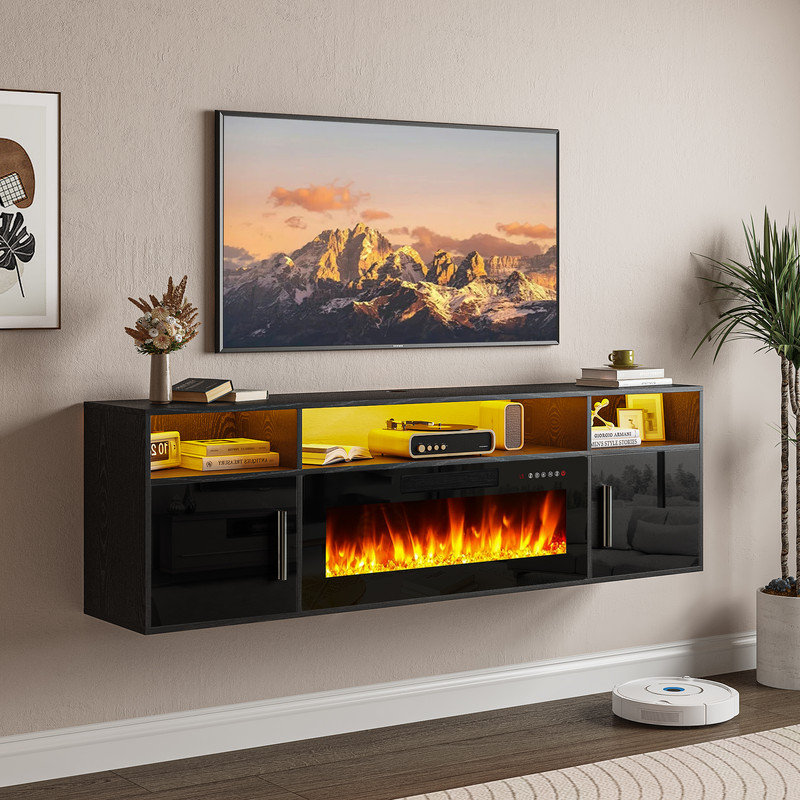 Alazik Floating TV Stand with 36" Electric Fireplace, Black/Black
