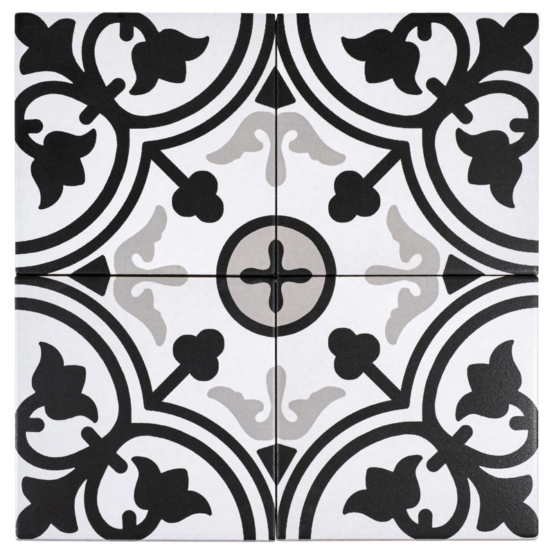 Bliss Black Gothic 8-in. Encaustic Spanish/Moroccan Patterned Matte Porcelain Wall and Floor Tile