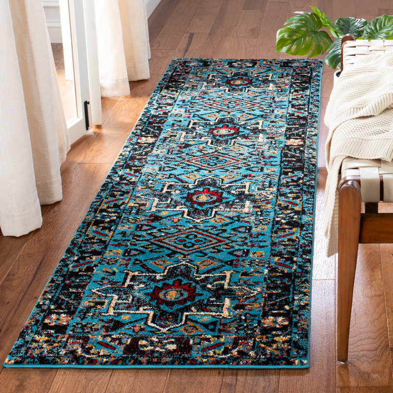 Tapis oriental bleu clair / noir Cayleen, Tapis de couloir 2 pi 3 po x 12 pi