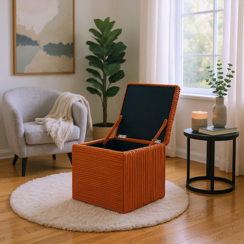 Storage Ottoman in Cotton Linen & Corduroy Options, 16.5"x16.5"x17.3", 18.7lbs - Footrest & Seat, Orange Corduroy