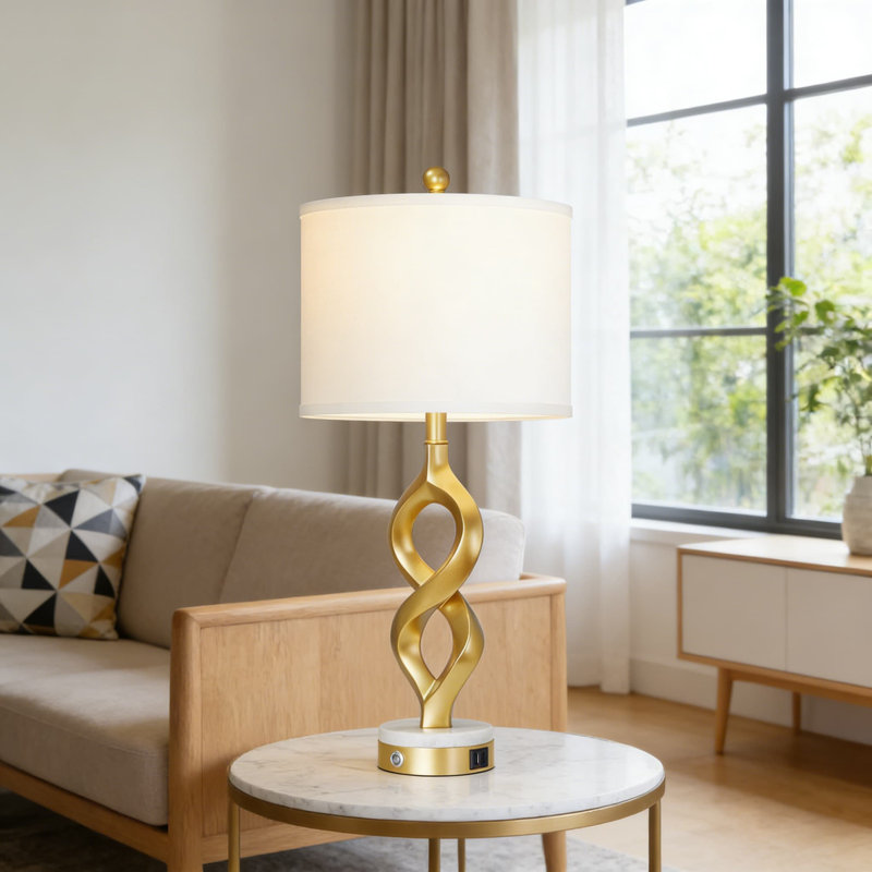 Lampe de table moderne à contrôle tactile avec ports de charge USB, lumière DEL à 3 voies à intensité variable pour la chambre à coucher ou le salon, design sculptural en résine avec accent de marbre