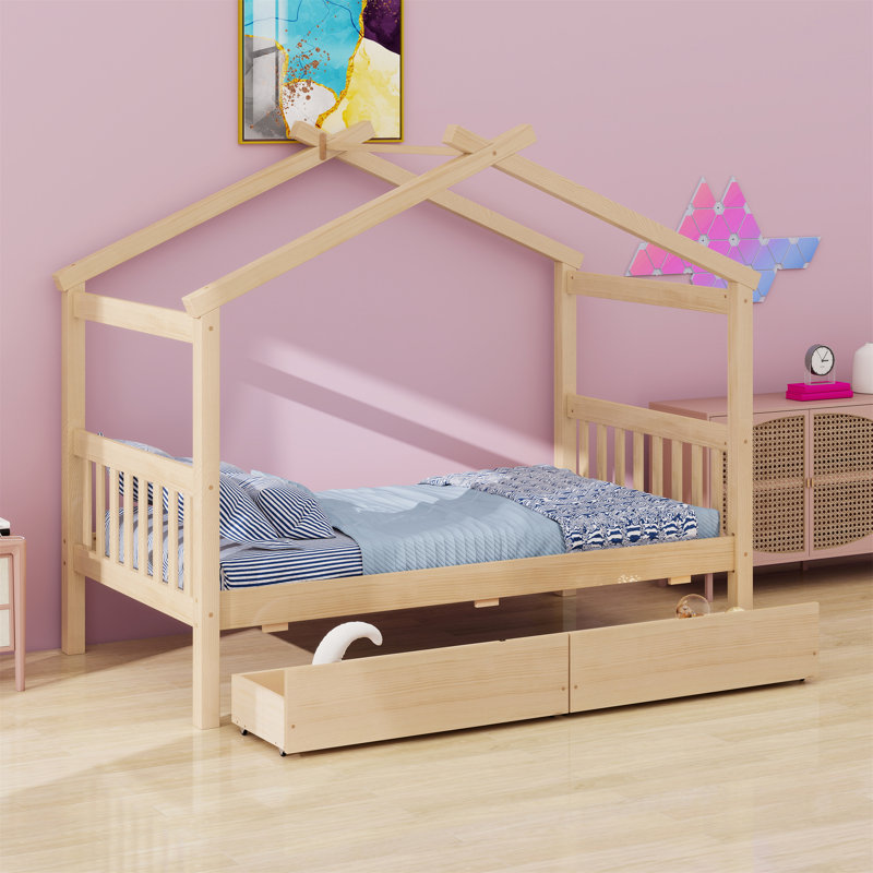 Lit en bois avec tiroirs, Naturel, Lit simple