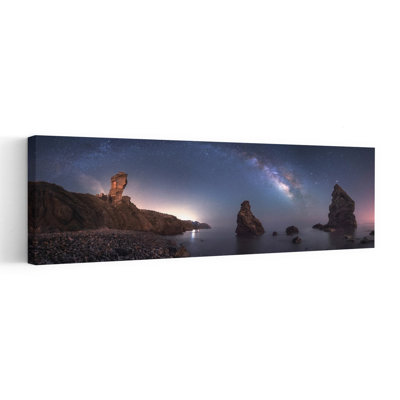 Milky Way Ocean Rocks by Juan Facal Photography - Wrapped Canvas Panoramic Print