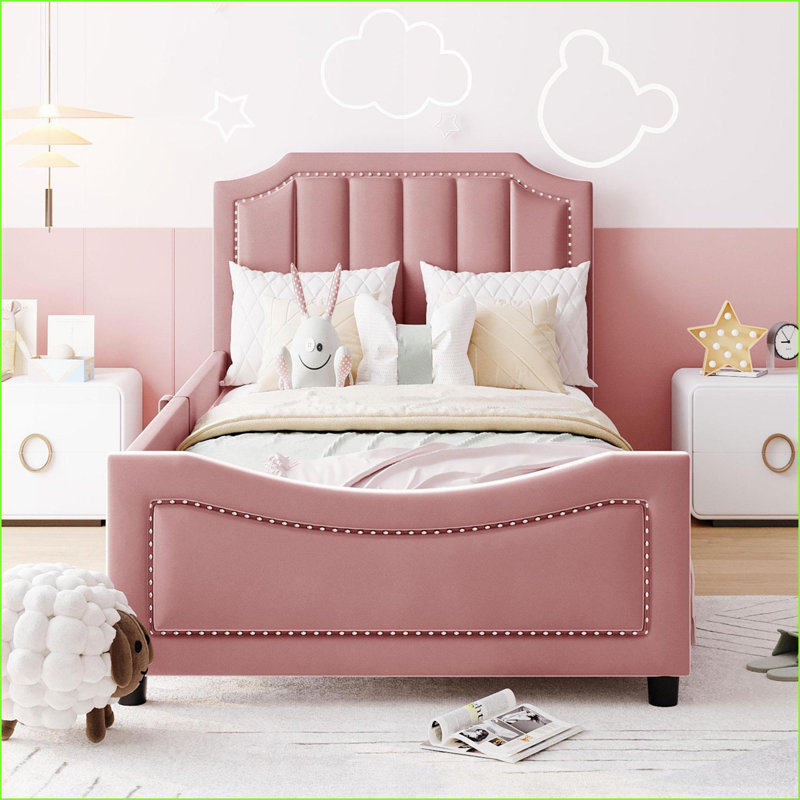 Twin Size Upholstered Daybed with Pine Wood MDF Frame &amp; Classic Stripe Headboard - No Box Spring Needed for Bedroom/Guest Room, Pink