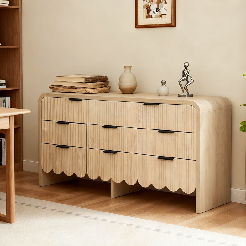 Fluted 8 Drawers Dresser, 59" Wide Modern Chest Of Drawers With Metal Handles, Curved Edge Design, Dresser TV Stand, Modern Dressers With Wave Texture For Bedroom, Living Room, Hallway