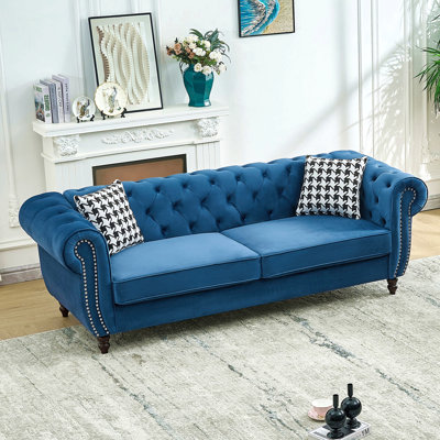 Canapé en tissu d'ameublement en velours avec accoudoirs roulés et têtes de clous 3 places et 3 places Chesterfield