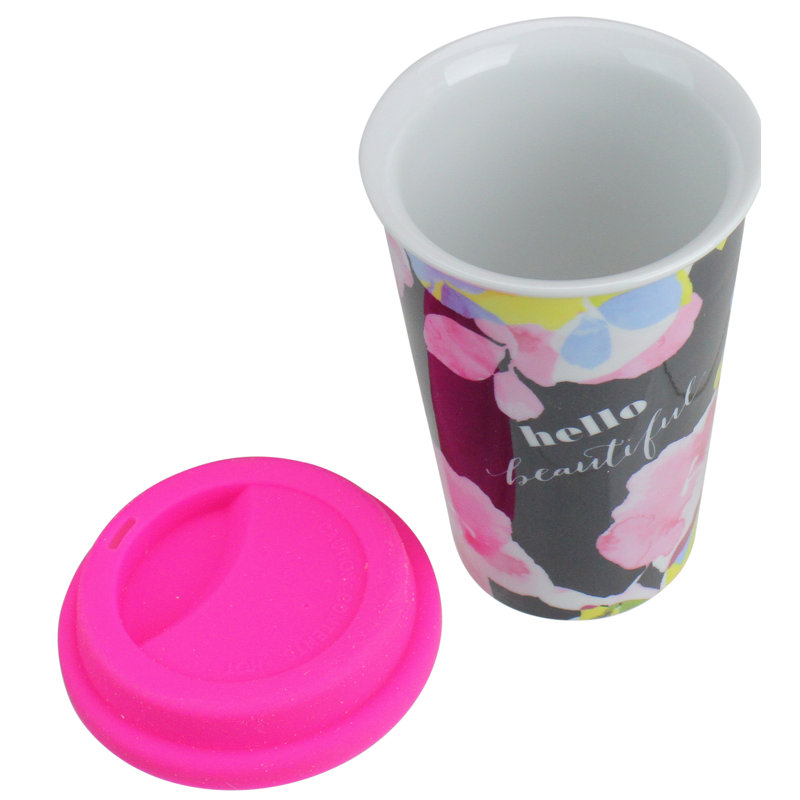 Tasse de voyage en céramique 6 po à double isolation «Hello Beautiful» avec couvercle en silicone rose
