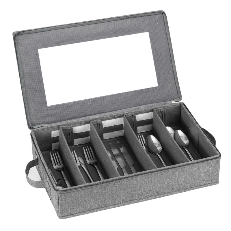 Coffret de rangement pour ustensiles de coutellerie, coffre de rangement pour couverts avec séparateurs réglables, porte-couverts avec couvercle à fermeture à glissière, gris