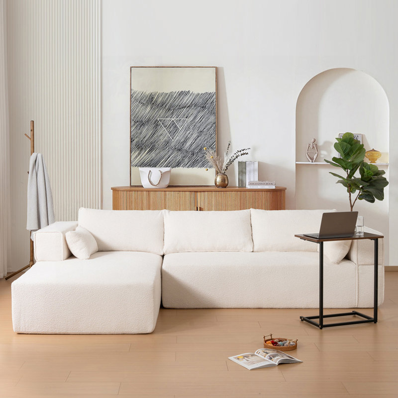Versatile Modular Sofa with Free Side Table and Pillows for Living Room, Beige