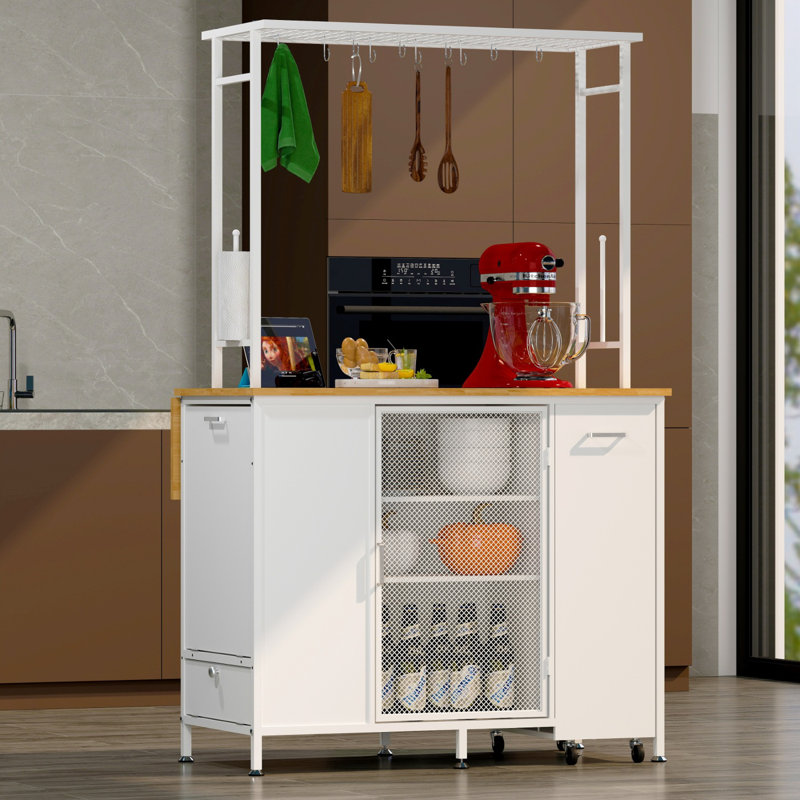 Îlot de cuisine avec espace de rangement, bar pour le petit-déjeuner avec panneau rabattable pliable, grandes armoires et tiroirs de rangement, grande table basse avec crochets, blanc