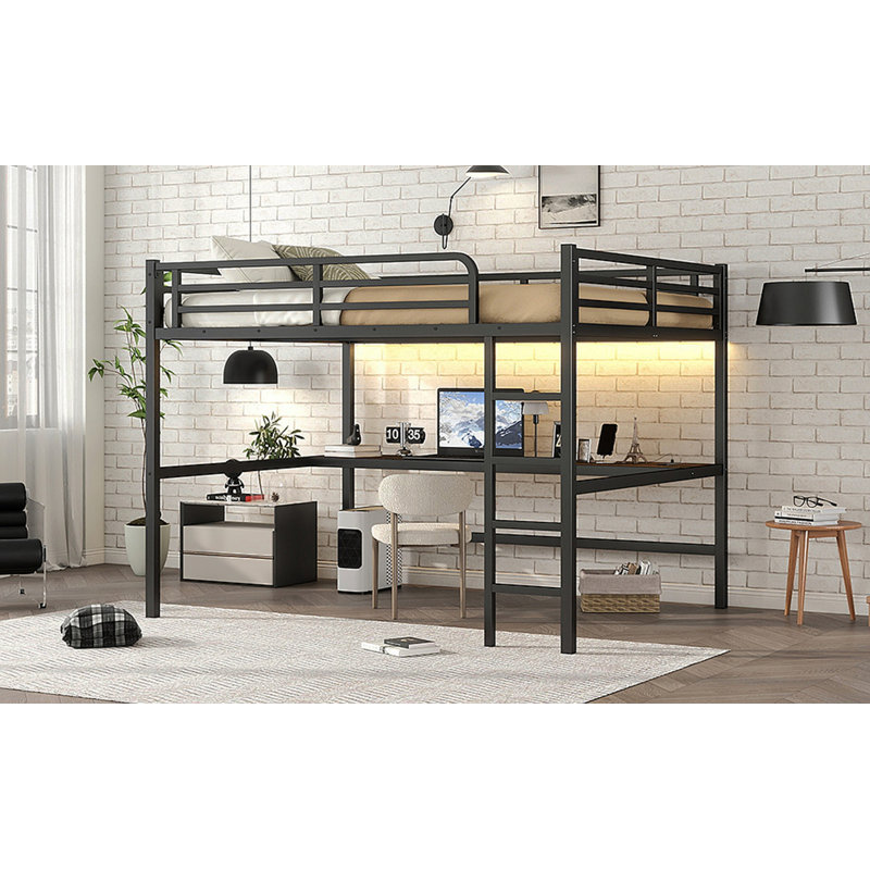 Grand lit mezzanine en métal avec prise de courant et éclairage DEL, peu encombrant, réduit le bruit, noir