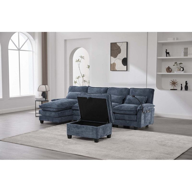 106" U Shape Sectional Sofa Cloud Couch, Navy Chenille
