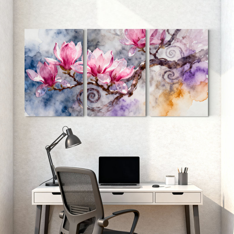 Magnolia rose fleurs de magnolia sur fond abstrait, ensemble de 3 impressions d'art sur toile, H 18 po x l 36 po