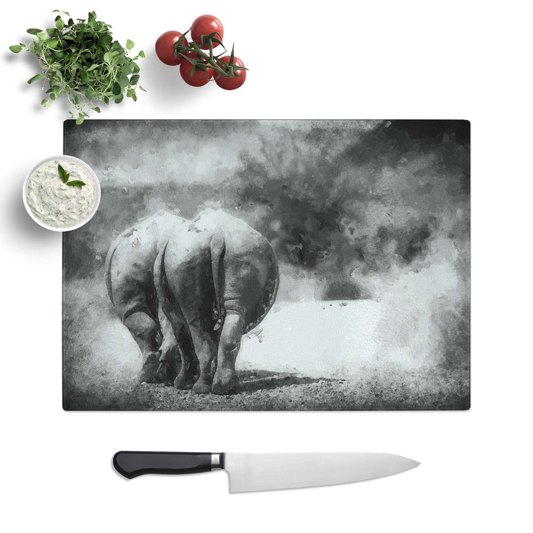 Tempered Glass Walking Rhinos in Abstract Chopping Board