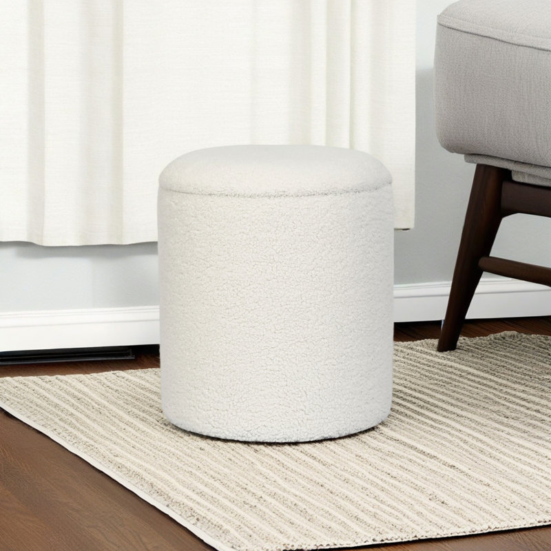 16.9 Inches Height Upholstered Round Storage Ottoman, White Teddy