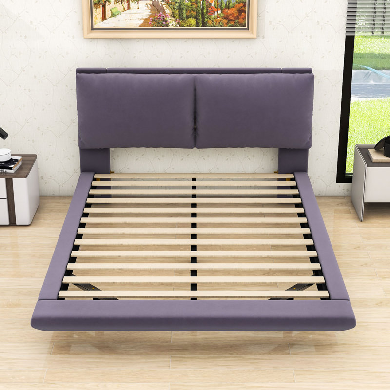 Queen Size Upholstered Platform Bed with Motion Sensor Lighting and Built-In Charging Station, Gray