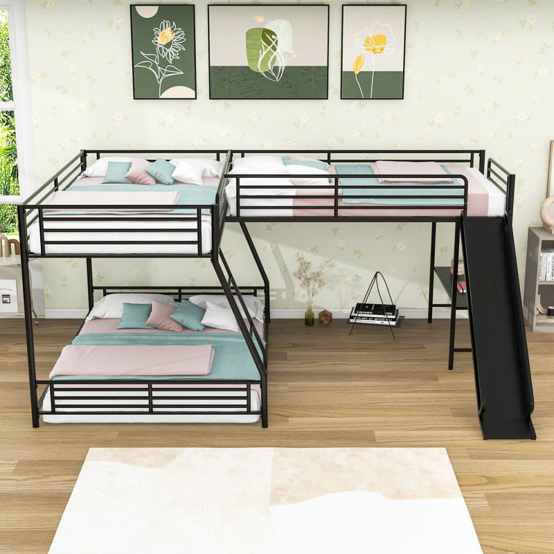 Twin over Full and Twin L-Shaped Triple Bunk Bed with Built-in Desk, Slide, and Full-Length Guardrails