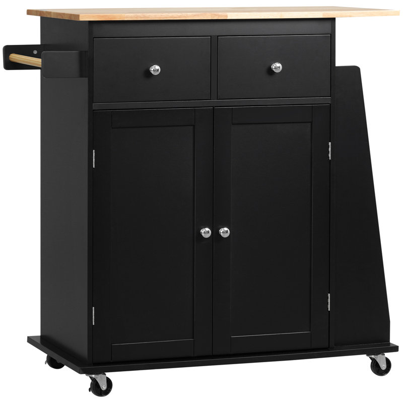 Bryceson Rolling Kitchen Island, Kitchen Cart with Rubberwood Top, Spice Rack, Black