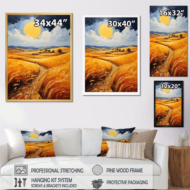 Reproduction d'art sur toile jaune et bleu audacieux, ciel et prairies dorées VI, L 16 po x H 32 po, Cadre photo blanc