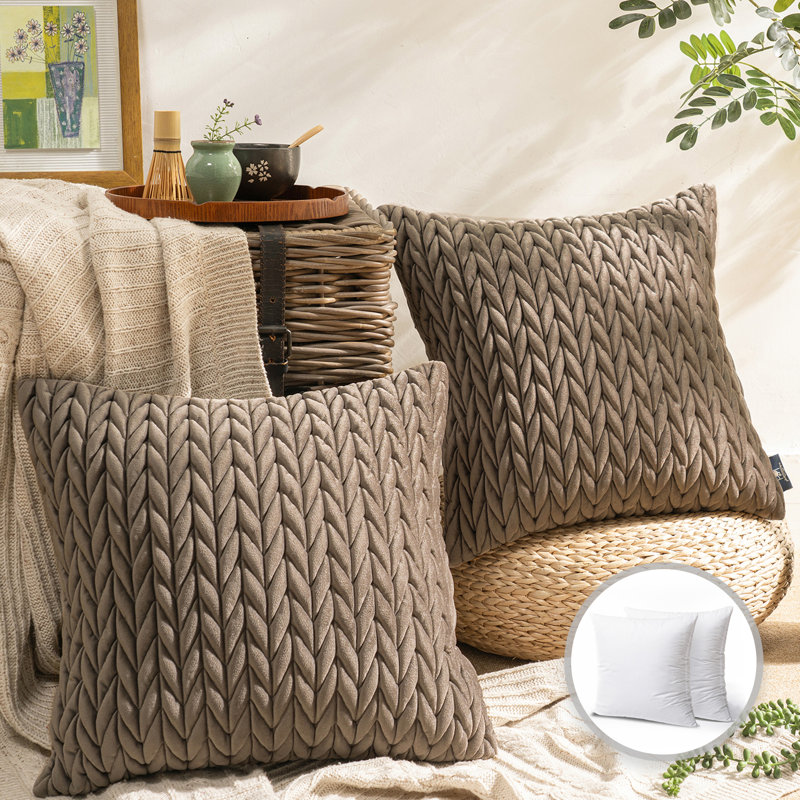 Velvet Quilted Throw Pillows, Braided Textured Decorative Cushion, Square 20"H x 20"W, Brown