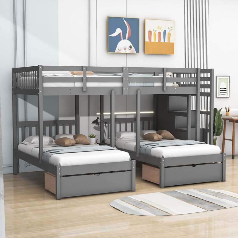 Lit superposé simple en bois avec tablette et tiroirs Erlingur, gris